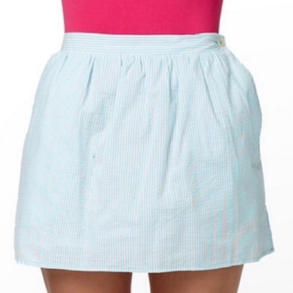 Lilly Pulitzer Mimosa Seersucker‎ Striped Mini Skirt Aqua Teal Blue White XL - Picture 2 of 13
